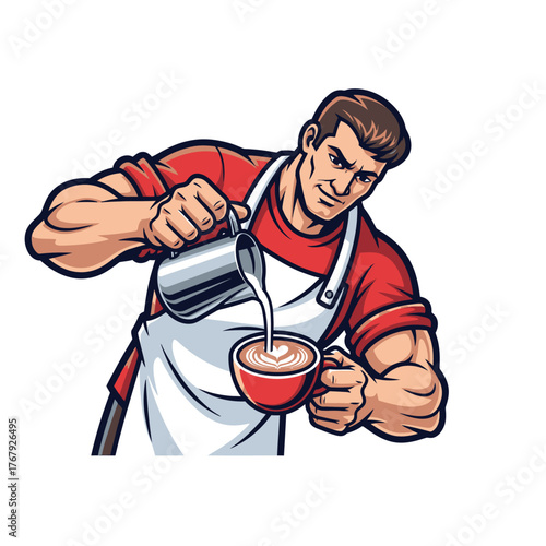 A muscular barista skillfully pours milk from a stainless steel pitcher onto coffee, creating a latte art design