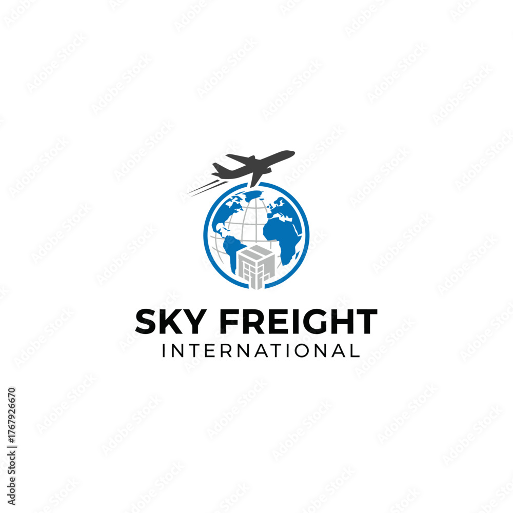 Fototapeta premium A logo featuring a globe, an airplane, and a cube. The text says 
