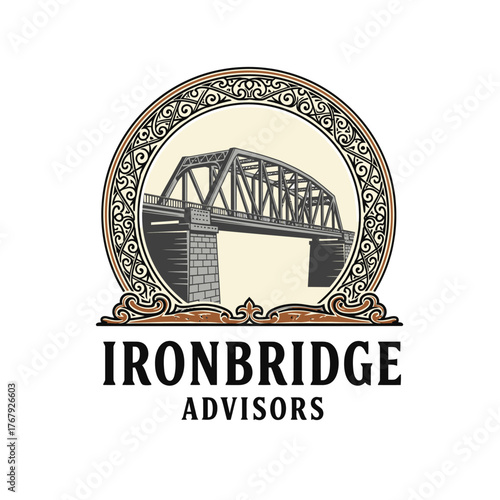 A grayscale illustration of a bridge inside a decorative circular frame. The words appear below