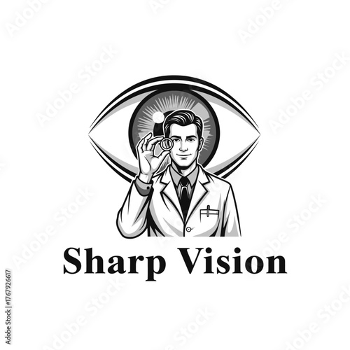 A medical illustration of a doctor holding an eye lens in front of an eye