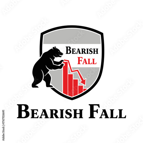 A logo design with a bear, red chart, arrow, and text indicating a financial downturn