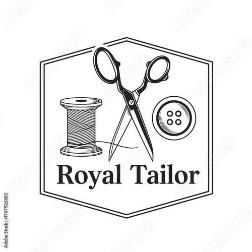 A monochrome illustration features sewing tools scissors, spool of thread, button, inside a bordered, hexagonal shape