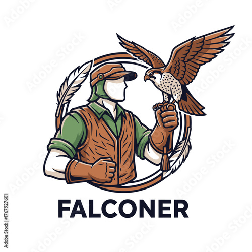 A stylized illustration features a falconer holding a bird of prey within a circular frame