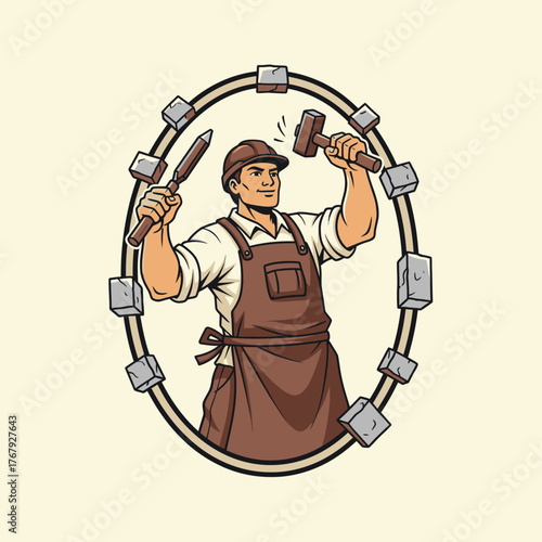 A stonemason in an apron wields a chisel and hammer, surrounded by stone blocks in an oval frame