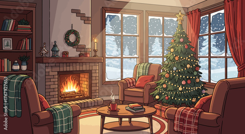 Cozy living room scene with a decorated Christmas tree, a warm fireplace, comfortable armchairs, and snowy winter landscape outside the windows.