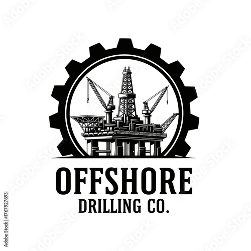 A black and white graphic depicting a gear with an oil rig inside and related text below