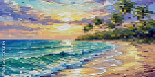 Pixel art illustration of a tropical beach at sunset with gentle waves and palm trees.