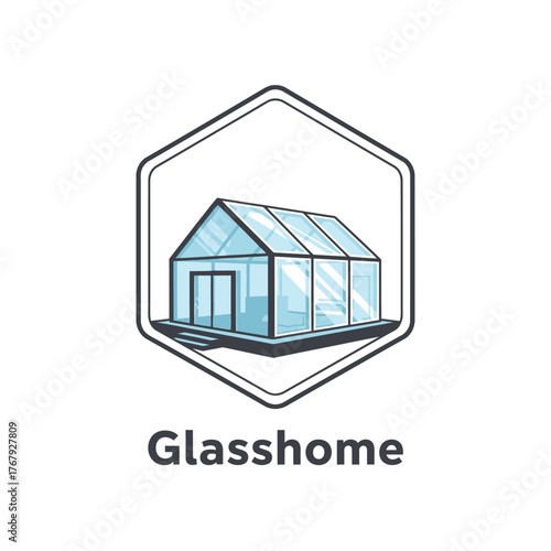 Hexagonal logo featuring a glass house illustration, with windows and doors, on a gray platform