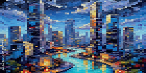 A vibrant pixel art cityscape of a futuristic metropolis at night, with glowing skyscrapers reflected in a winding river.
