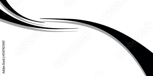 An abstract composition of two opposing black and grey curved swooshes on a white background.