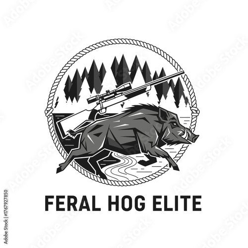 A stylized illustration depicting a wild boar running across a river, a rifle, and a forest