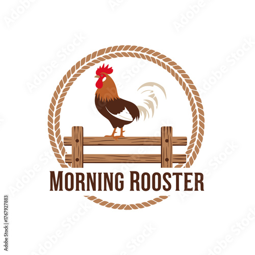 A rooster illustration atop a wooden fence within a rope circle with "MORNING ROOSTER" below