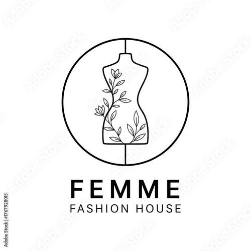 Circular black and white logo with a dress form with floral accents and text at the bottom