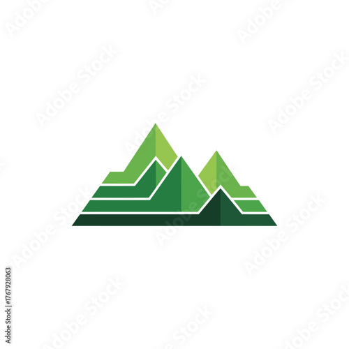 Graphic with stylized, layered mountains in shades of green and white accents on a white background