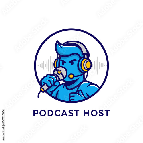 A blue cartoon figure with headphones, a microphone, and an audio wave inside a circle