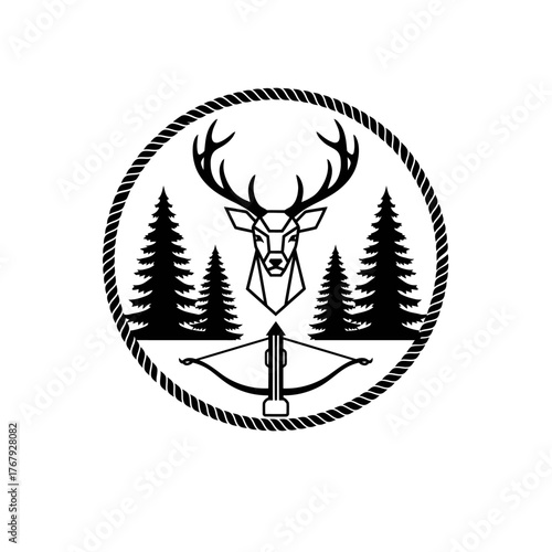 Black and white circular emblem with deer, trees, and a crossbow, framed by a rope-like border
