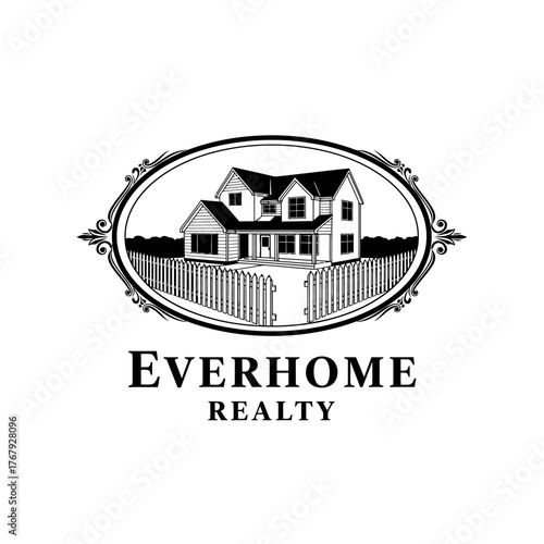 A detailed monochrome logo depicts a house behind a picket fence within an ornate oval frame, with text below