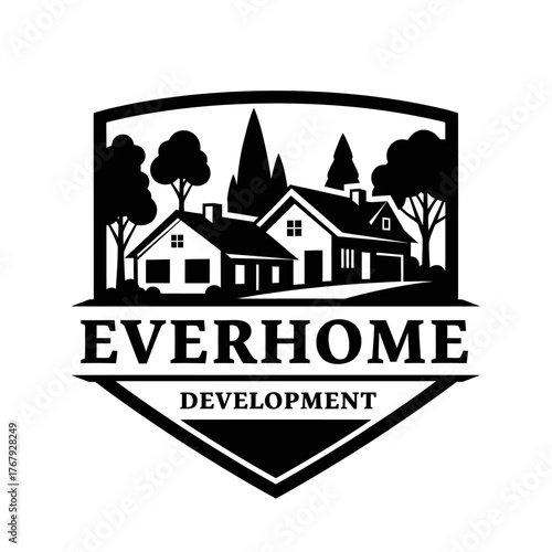 A black and white graphic depicting houses with trees, enclosed within a badge, text below
