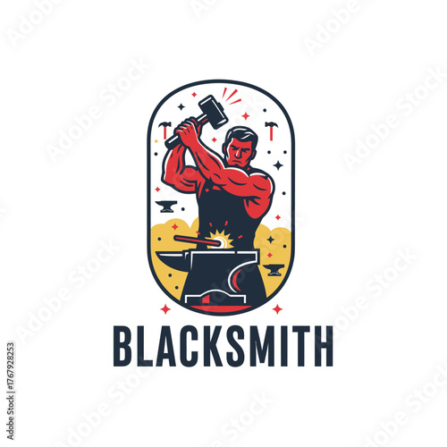 A burly blacksmith, hammering metal on an anvil with sparks flying, inside a stylized, oval frame