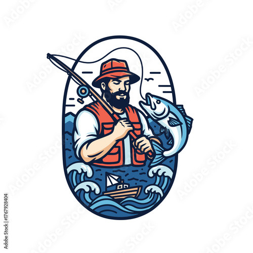 An illustration shows a fisherman in a boat with a caught fish, surrounded by waves