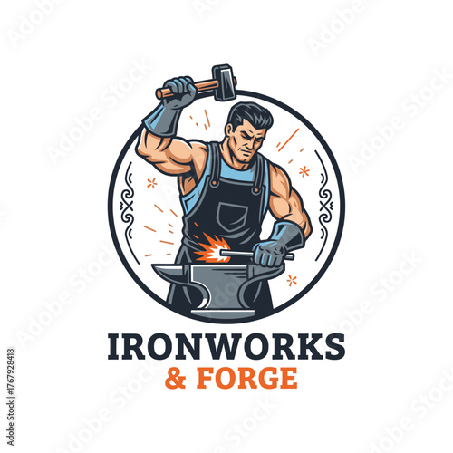 Muscular blacksmith hammering metal on an anvil, sparks flying, within a round frame
