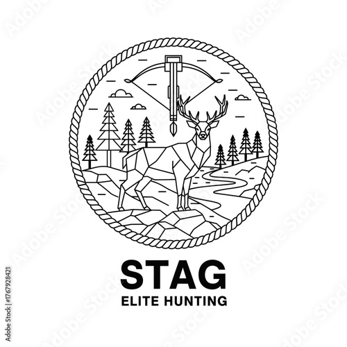 Linear illustration of a stag within a rope circle, including crossbow, landscape with trees and river