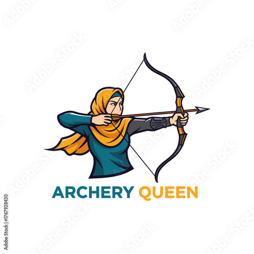 Illustration of a woman in hijab aiming an arrow with a bow, with text at the bottom