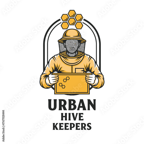 A beekeeper in a protective suit holds a box, with a honeycomb design at top