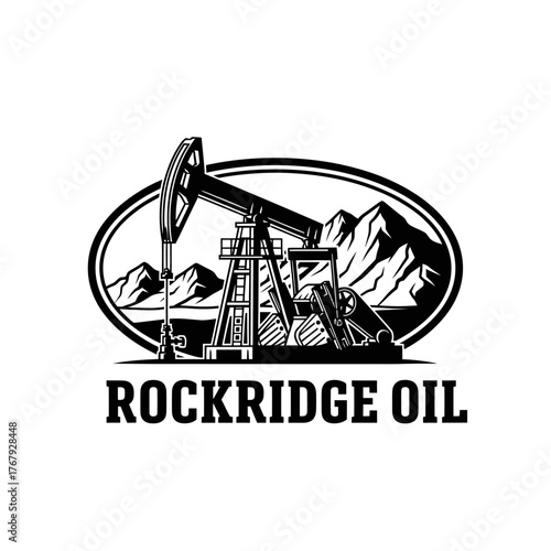 A monochrome illustration showing an oil pump jack with a mountain range inside an oval frame