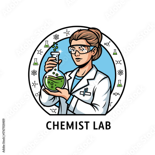 Cartoon chemist in a lab coat, with protective glasses, holding a flask containing a green liquid