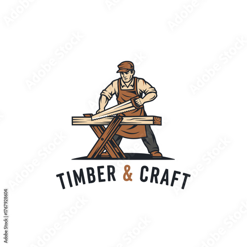 A cartoon craftsman sawing wood on a wooden sawhorse. The image has a two-tone text at the bottom