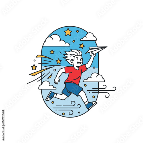 A young boy runs with a paper airplane, enclosed in an oval with stars, clouds, and wind