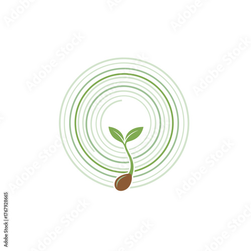 Stylized illustration of a sprouting seed with leaves and concentric circles on a white background