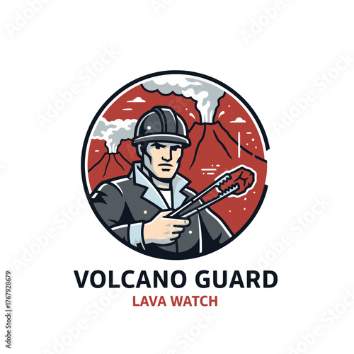 A hard-hatted figure in a circle watches a volcano erupt, holding tongs, with "VOLCANO GUARD