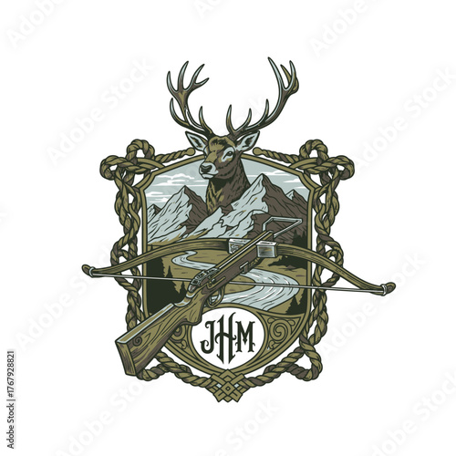 A detailed illustration of a deer with antlers and crossbow, set within a crest over landscape