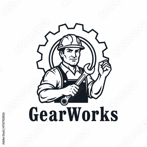 A construction worker holding a wrench with a gear in the background
