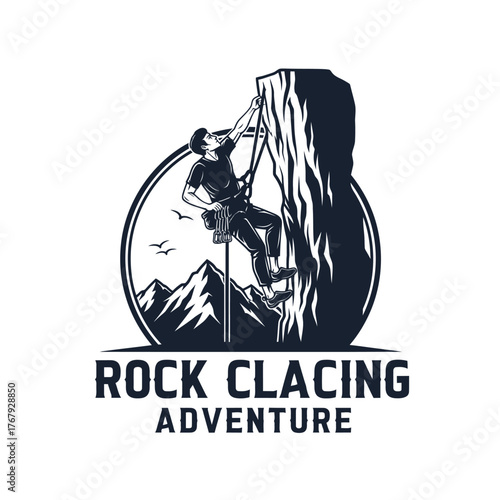A silhouette of a climber on a rock face, enclosed in a circle with mountains and text