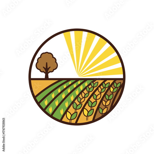 A circular illustration of a farm scene with a tree, crops, sun rays, and fields