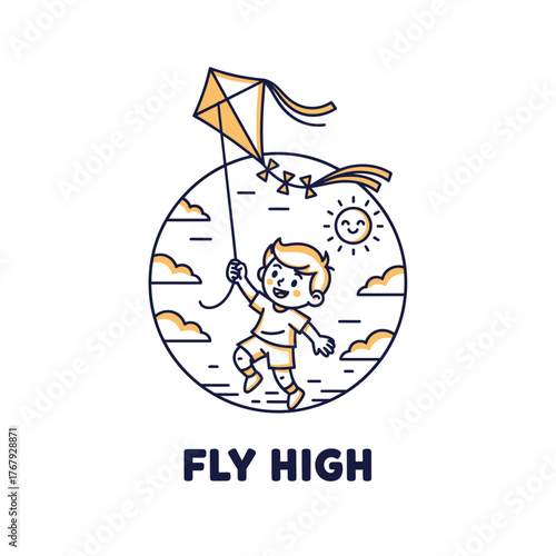 A cartoon illustration of a child flying a kite inside a circular frame with a sun and clouds