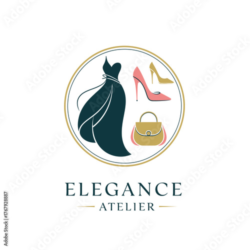 Elegant fashion design logo with dress, high heels, and purse in a circular frame