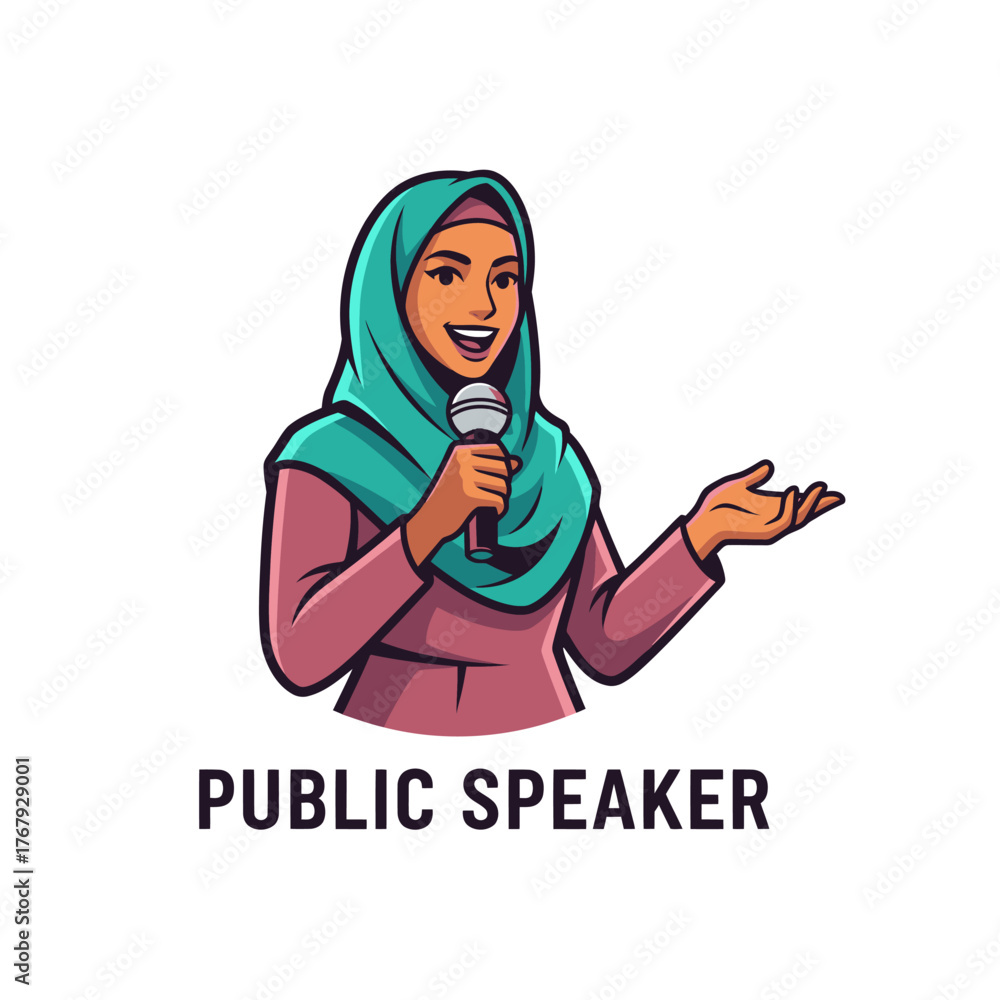 Fototapeta premium Illustration of a woman in a hijab holding a microphone, presenting with expressive gestures