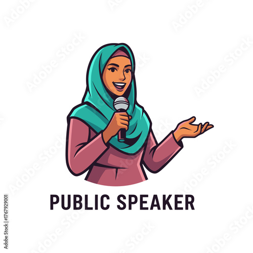 Illustration of a woman in a hijab holding a microphone, presenting with expressive gestures