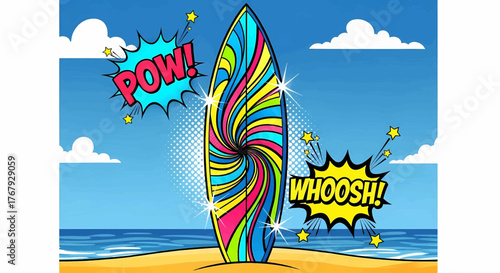 Vibrant surfboard sports pop art vector illustration exuding dynamic energy and motivation by the sea