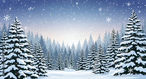 Snowy winter landscape with evergreen trees covered in snow, with a backdrop of falling snowflakes and a light blue sky.