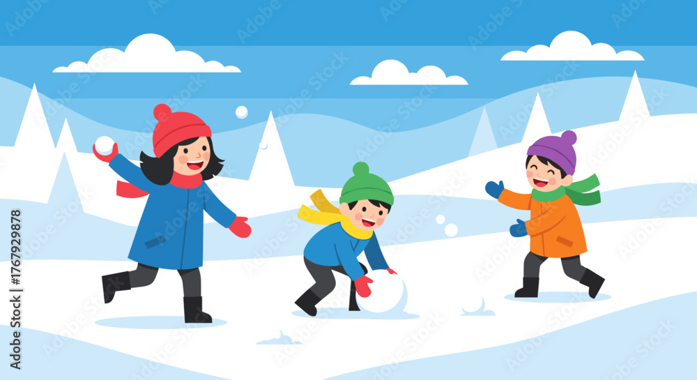 Fototapeta premium Children Having a Snowball Fight in a Winter Landscape