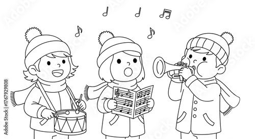 Children Caroling and Playing Instruments. Coloring Book style