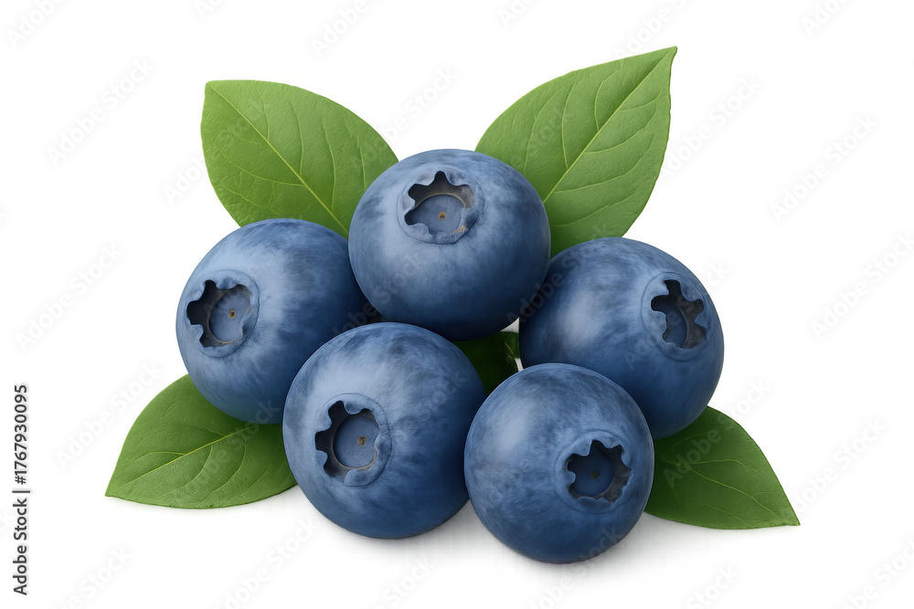 Fototapeta premium Fresh organic blueberries with green leaves, healthy superfood for summer, delicious antioxidant snack on transparent background
