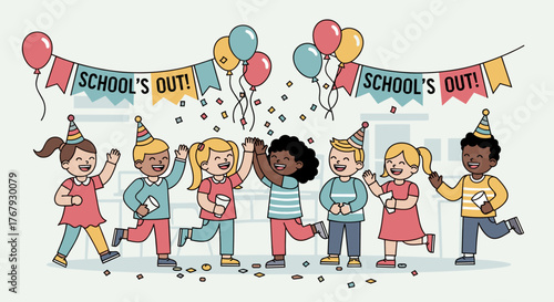 Diverse Children Celebrating the Last Day of School with Confetti and Balloons