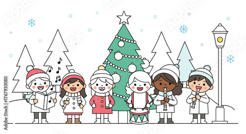 Diverse Children Caroling and Playing Instruments by a Christmas Tree Coloring version