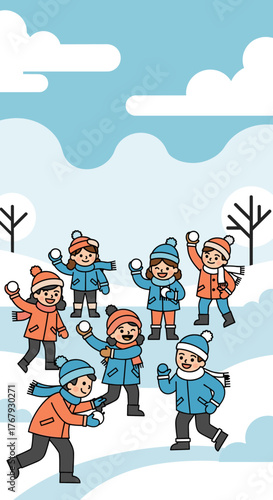 Children Having a Fun Snowball Fight Outdoors